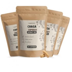 Cupplement - 4 sachets de capsules dextrait de chaga 60 pièces - Extrait 20:1 - Pilulier gratuit - Bio - 400 MG par capsule 