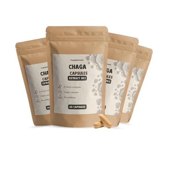 Cupplement - 4 sachets de capsules dextrait de chaga 60 pièces - Extrait 20:1 - Pilulier gratuit - Bio - 400 MG par capsule 