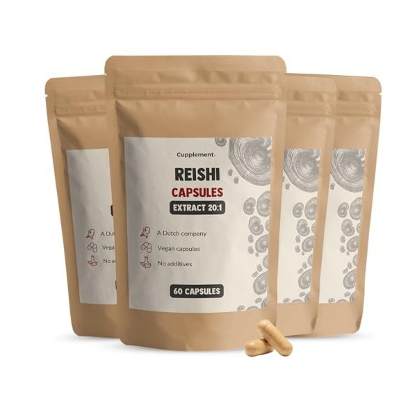 Cupplement - 4 Sachets de Capsules Extrait de Reishi 60 Pièces - Extrait 20:1 - Pilulier Gratuit - Bio - 400 MG Par Capsule -