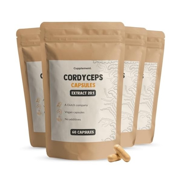 Cupplement 240 Gélules d’Extrait de Cordyceps 20:1 + 3 Offertes – Biologique – 400 MG par Gélule – Sans Poudre – Complément –