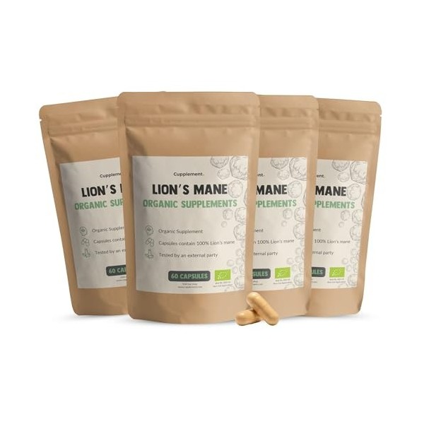 Cupplement - 4 sachets de capsules Lions Mane 60 pièces - Pilulier gratuit - Bio - 500 MG par capsule - Sans poudre - Supplém