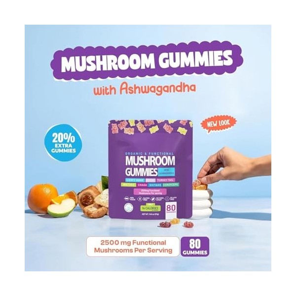 Générique Gummies Aux Champignons, KSM 66 Ashwagandha & Lions Mane Supplement Gummies, Force Et Soutien Cognitif pour Hommes ...