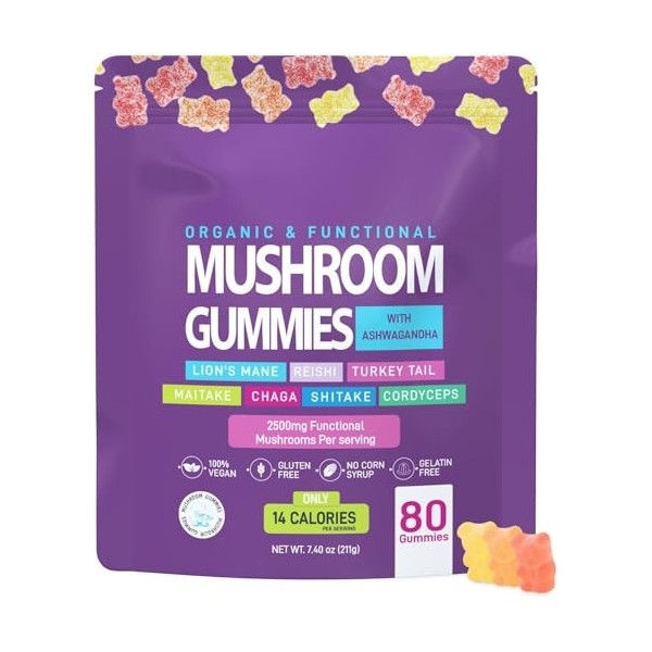 Générique Gummies Aux Champignons, KSM 66 Ashwagandha & Lions Mane Supplement Gummies, Force Et Soutien Cognitif pour Hommes ...