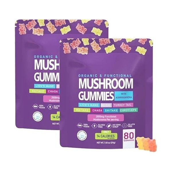 Générique Gummies Aux Champignons, KSM 66 Ashwagandha & Lions Mane Supplement Gummies, Force Et Soutien Cognitif pour Hommes ...