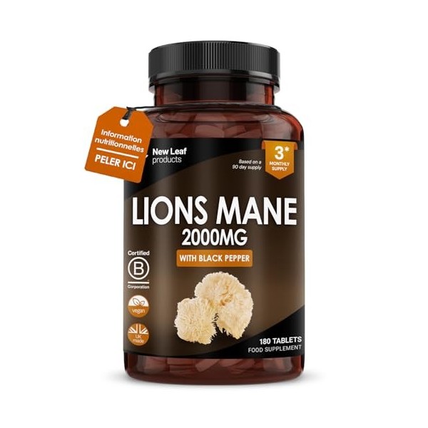 New Leaf Products 180 Comprimés de Champignon Crinière de Lion, Complément dExtrait de Crinière de Lion, Comprimés de Lions