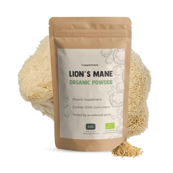 Cupplement - Lions Mane Powder 60 Grammes - Organic - Free Scoops - No Extract or Capsule - Supplement - Superfood - Mushroom