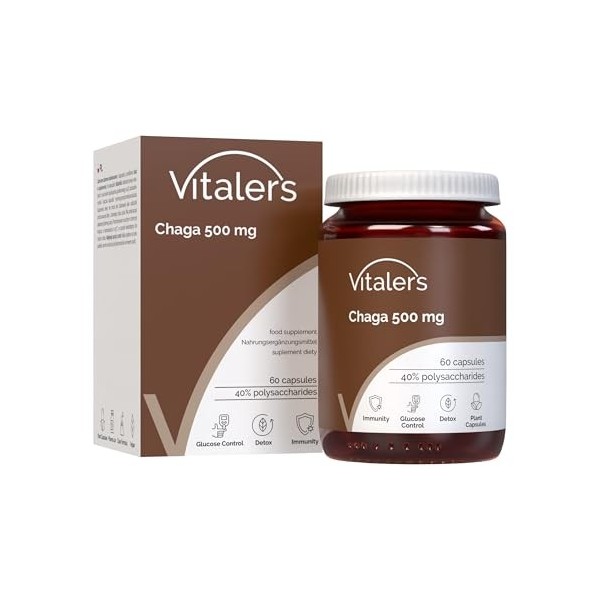 Vitalers Chaga 500 mg - 60 gélules, végétalien, 2 mois de supplémentation, sans conservateur, composition pure