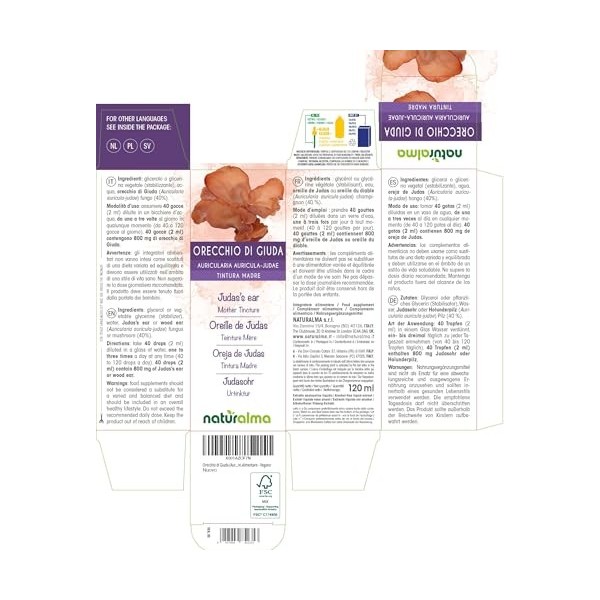Oreille de Judas ou Oreille du diable Auricularia auricula-judae champignon Teinture Mère sans alcool Naturalma - Extrait l