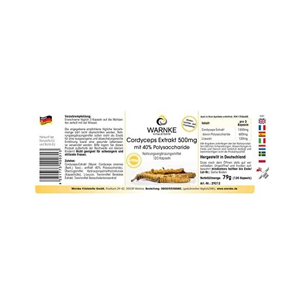 Cordyceps Sinensis 500mg - 120 capsules - éxtrait de champignon vital - standardisé à 40% de polysaccharides - vegan | Warnke
