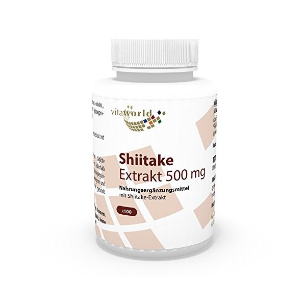 Vita World Shiitake extrait 500mg 100 Capsules végétales riche en Polysaccharide avec certificat danalyse Made in Germany