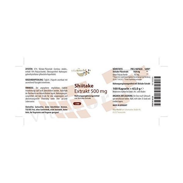Vita World Shiitake extrait 500mg 100 Capsules végétales riche en Polysaccharide avec certificat danalyse Made in Germany