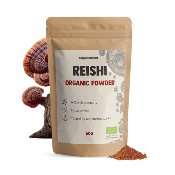 Cupplement Poudre de Champignon Reishi 60 g Biologique – Sans Capsule ni Extrait – Complément – Champignon – Poudre