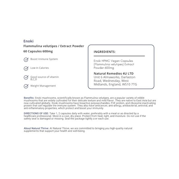 Natural Thrive Poudre de champignon Enoki bio – Exhausteur de saveur naturel dumami – Riche en antioxydants – Végétalien, sa