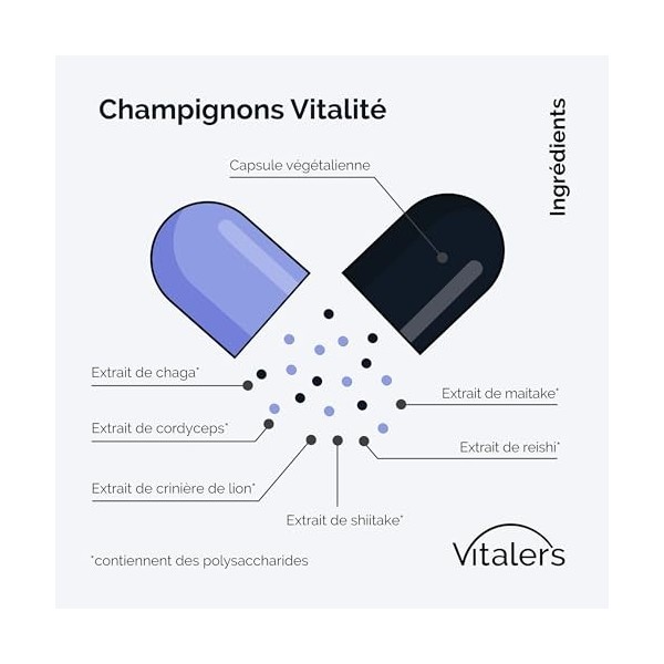 Vitalers Champignons essentiels - 60 gélules, végétalien, 2 mois de supplémentation, sans conservateur, composition pure