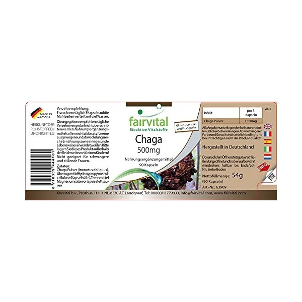 Fairvital | Chaga 500mg VEGAN - Hautement dosé - 90 capsules - Inonotus obliquus - champignon en poudre