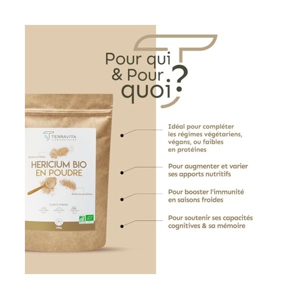 HERICIUM Erinaceus BIO | Lion’s Mane en Poudre | Champignon Mémoire et Concentration | Riche en Polysaccharides | Nootropique