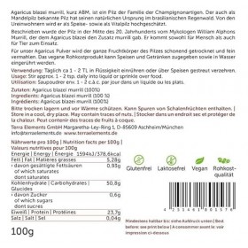 Terra Elements Agaricus Blazei en poudre 100 g I Agaricus blazei murrill I ABM I 100% pure I vegan I qualité crue