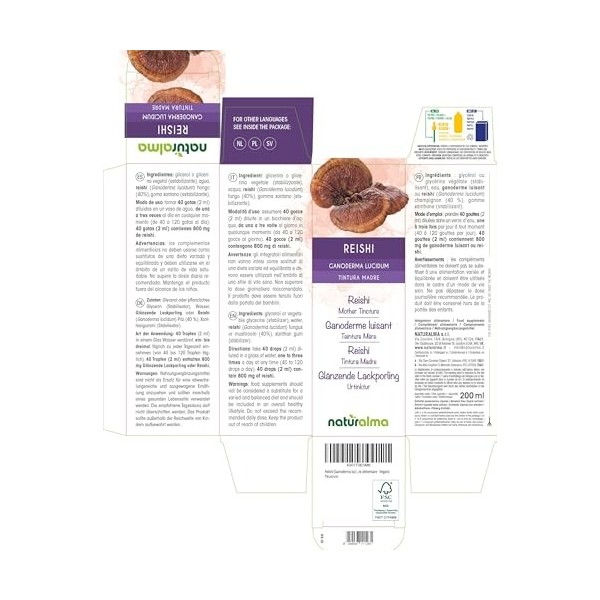 Ganoderme luisant ou Reishi Ganoderma lucidum champignon Teinture Mère sans alcool Naturalma - Extrait liquide gouttes 200 C...