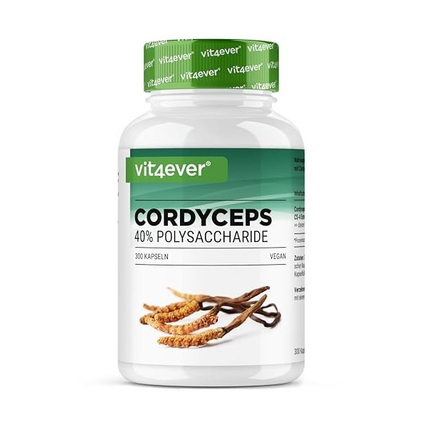 Champignon Cordyceps - 300 gélules avec 650 mg de véritable extrait de CS-4-40% de polysaccharides bioactifs - Haute dose - C