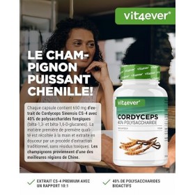 Champignon Cordyceps - 300 gélules avec 650 mg de véritable extrait de CS-4-40% de polysaccharides bioactifs - Haute dose - C