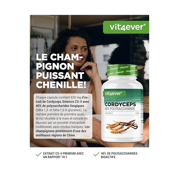 Champignon Cordyceps - 300 gélules avec 650 mg de véritable extrait de CS-4-40% de polysaccharides bioactifs - Haute dose - C