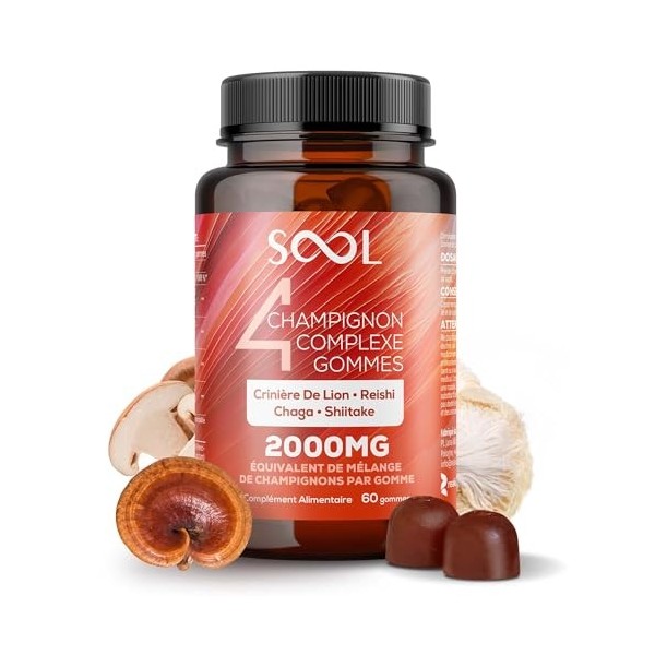 SOOL Gommes Complexe de 4 Champignons 2000 mg, 60 pièces, Saveur Naturelle : Chaga, Reishi, Shiitake, Crinière de Lion | Gomm