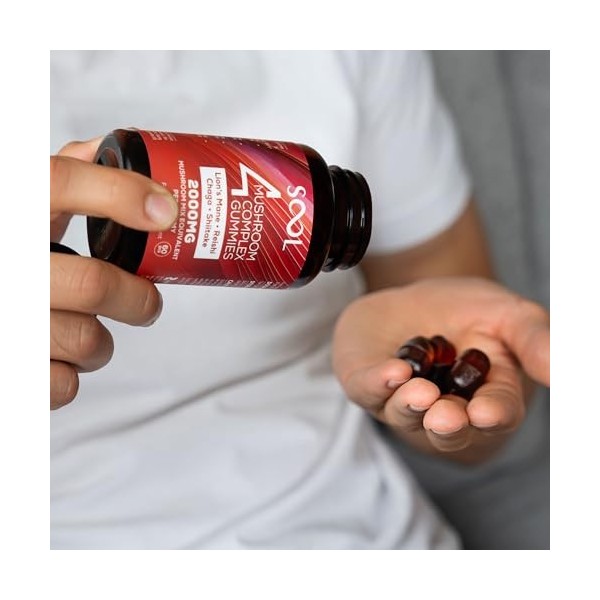 SOOL Gommes Complexe de 4 Champignons 2000 mg, 60 pièces, Saveur Naturelle : Chaga, Reishi, Shiitake, Crinière de Lion | Gomm