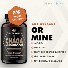 Solve Labs® ● Capsules de champignon chaga sibérien de qualité supérieure ● 10% de bêta-D-glucanes ● Extrait 10:1 ● Sans agen...