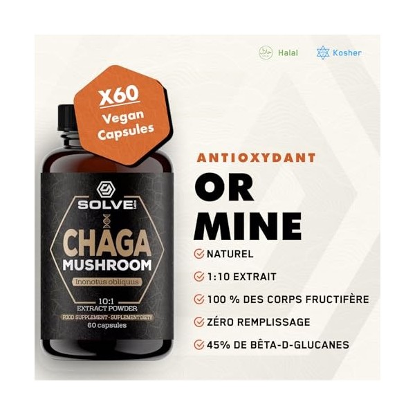 Solve Labs® ● Capsules de champignon chaga sibérien de qualité supérieure ● 10% de bêta-D-glucanes ● Extrait 10:1 ● Sans agen...