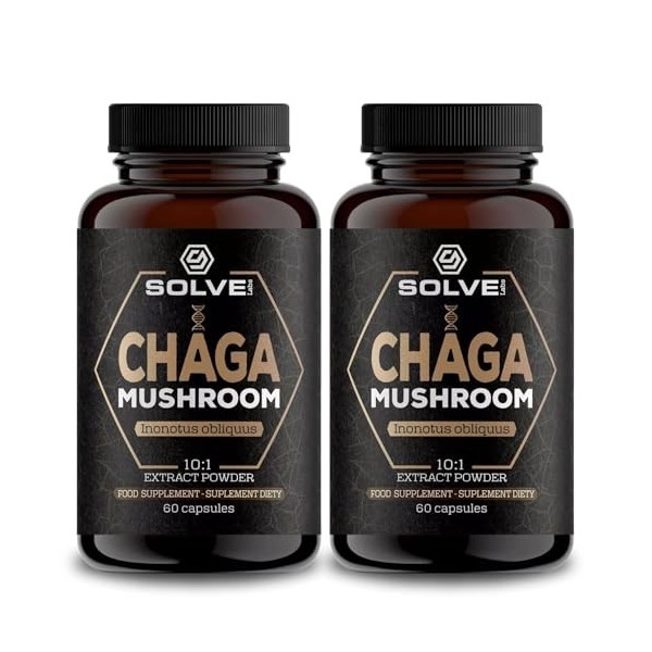 Solve Labs® ● Capsules de champignon chaga sibérien de qualité supérieure ● 10% de bêta-D-glucanes ● Extrait 10:1 ● Sans agen...