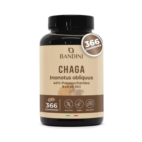 Bandini® Chaga 366 comprimés à Base du Champignon Polypore Oblique - Inonotus Obliquus | Complément Riche en antioxydants et 