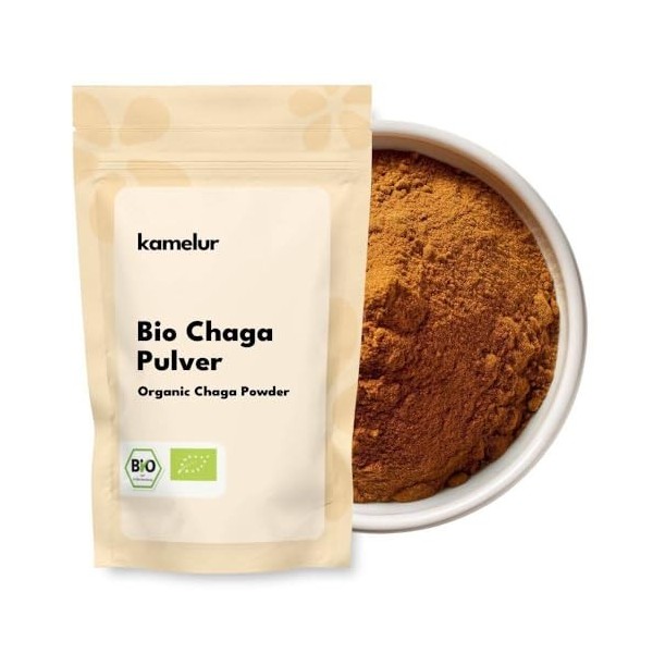 Kamelur Poudre de chaga bio 250 g - Poudre de champignon sans additifs, aliments asiatiques - Champignons bio issus de lagri