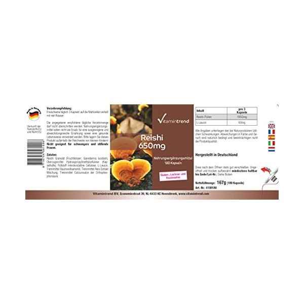Reishi 650mg - avec 1950mg de poudre de Reishi par dose journalière - Ganoderma lucidum - ! POUR 3 MOIS ! | Vitamintrend