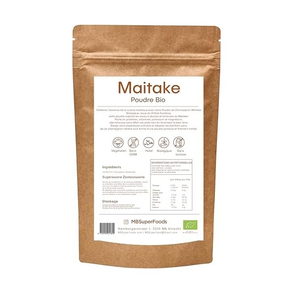 MB Superfoods Poudre de champignons Maitake biologique 100 g – Supplément de mélange de champignons de qualité supérieure pou