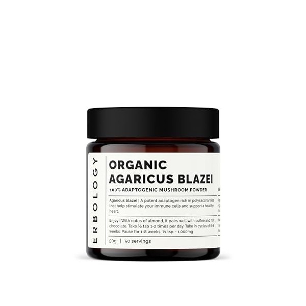 Poudre de champignon Agaricus Blazei 100 % bio - 50 portions - Immunité et cœur - Petit lot - Cultivé de manière durable en E