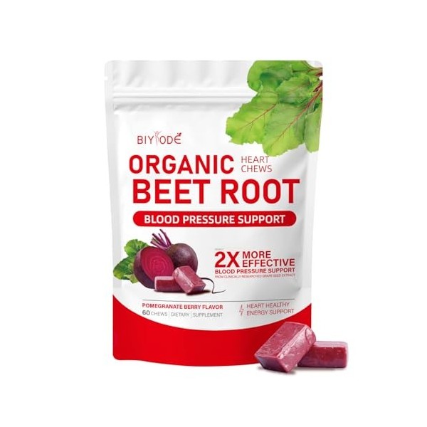 Lot de 60 bonbons gélifiés biologiques à base de racine de betterave, oxyde nitrique et support de pression, extrait de pépin