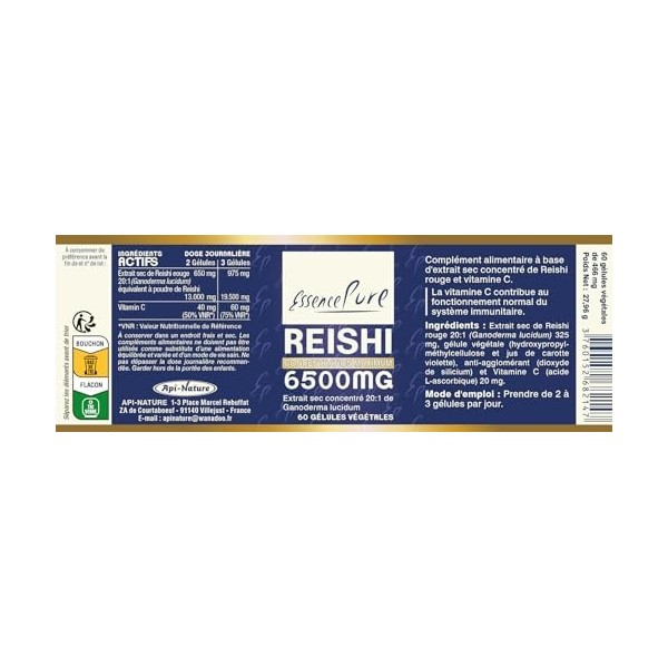 Reishi 6500mg Essence Pure | Soutien du Système Immunitaire | Nutriments Exclusifs du Champignon Ganoderma Lucidum | 60 Gélul