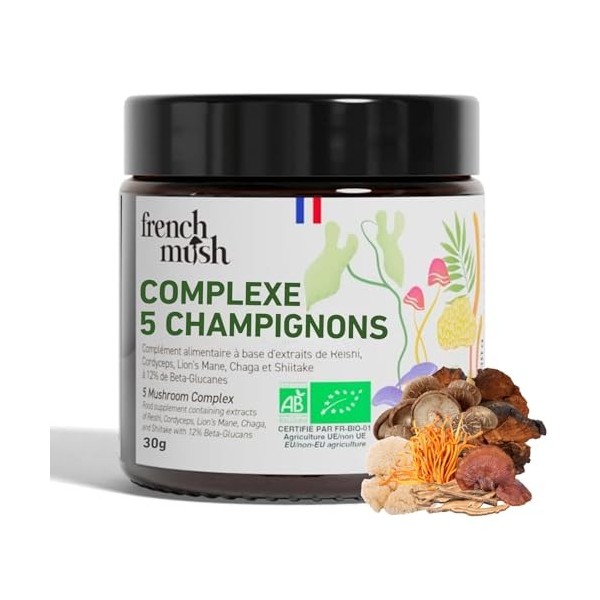 Complexe 5 Champignons Bio en Poudre Vegan - Lions Mane, Reishi, Cordyceps, Shiitake, Chaga - Digestion, Bien-Être - 1 Gramm