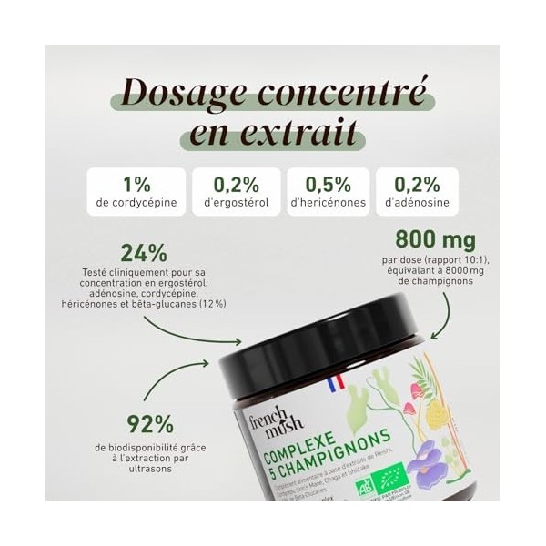 Complexe 5 Champignons Bio en Poudre Vegan - Lions Mane, Reishi, Cordyceps, Shiitake, Chaga - Digestion, Bien-Être - 1 Gramm