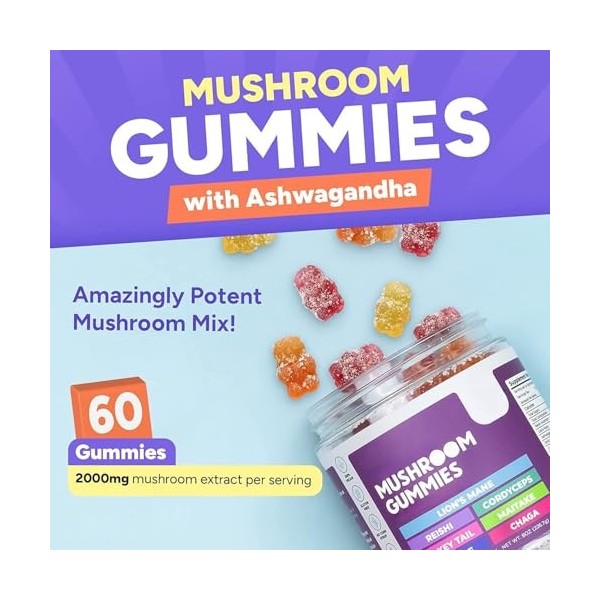 Gummies aux champignons - Cognition améliorée, performance, sans gluten, végétalien - Gummies aux champignons biologiques et 