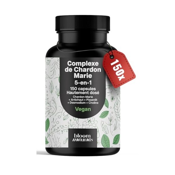 Detox Foie 5-en-1 – 150 Capsules – Chardon-Marie, Artichaut, Pissenlit, Desmodium, Choline – Vegan – Fabriqué en Allemagne Ch...