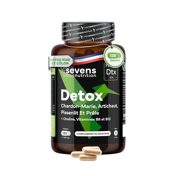 Chardon Marie - Complexe Détox Foie - Avec Artichaut, Pissenlit, Prêle, Choline et Vitamines B6 et B12-120 Gélules Détox pour