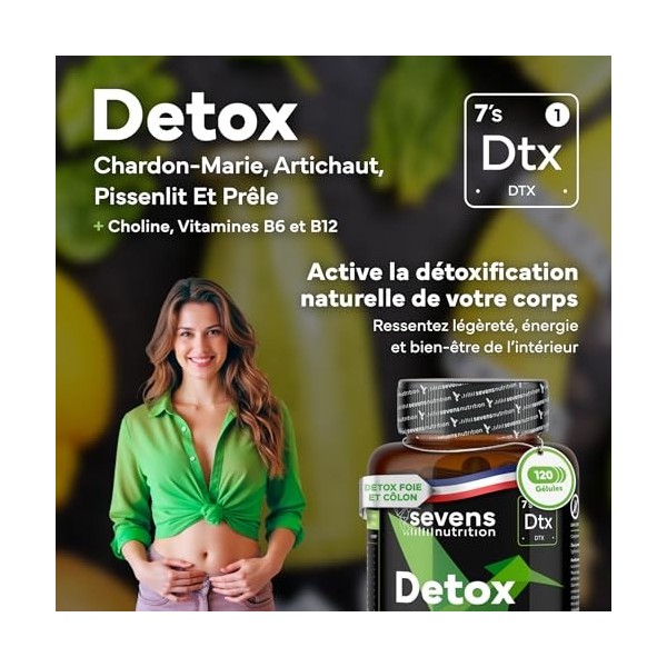 Chardon Marie - Complexe Détox Foie - Avec Artichaut, Pissenlit, Prêle, Choline et Vitamines B6 et B12-120 Gélules Détox pour