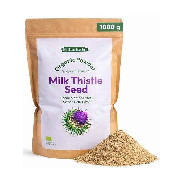 Balkan Herbs Poudre de chardon-Marie BIO 1 kg, la plante médicinale la plus efficace pour le foie, source 100 % pure de silym