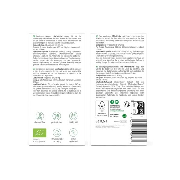 Purasana® Chardon-Marie Bio – Extrait Hautement Concentré – 60 Gélules Végétales – Silymarine pour Favoriser la Santé du Foie