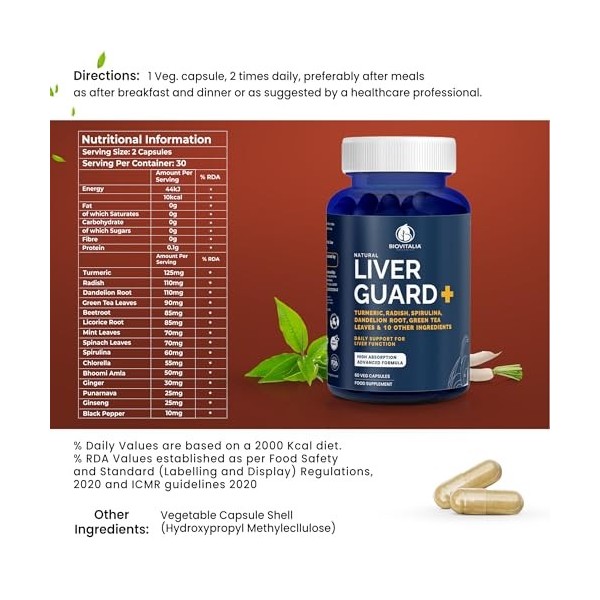 Biovitalia Liver Guard+ Capsules Détox du foie pour la santé du foie et le soutien antioxydant Aide contre la stéatose hépati