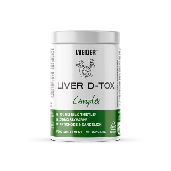 Weider Liver D-Tox Complex 90 gélules Complexe d’extraits de Chardon-Marie avec 80% de Silymarine, Pissenlit et Artichaut, 