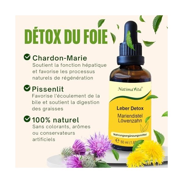 Détox du foie Chardon-Marie et Pissenlit – 2 x 50 ml – Détoxifiant et régénérant pour le foie, la vésicule biliaire et le sys...