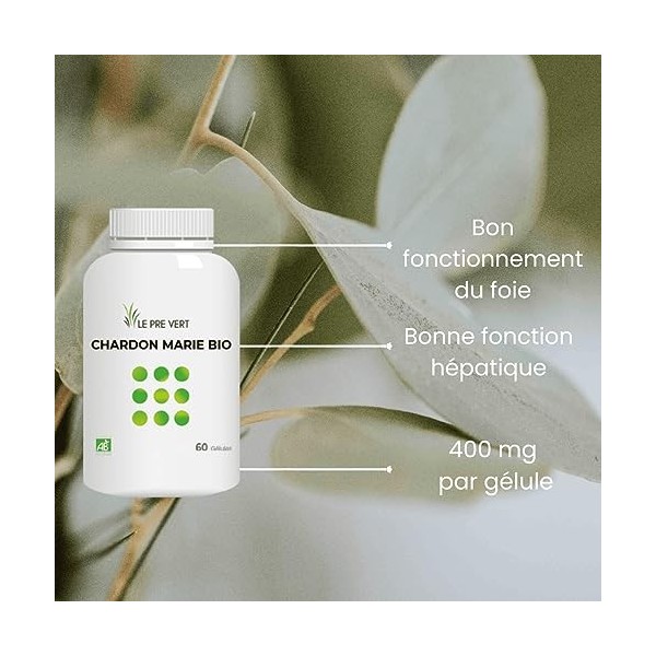 CHARDON-MARIE BIO - 60 gélules - Le Pré Vert - Complément Alimentaire de 50 gélules - Troubles Hépatiques et Biliaires - Fabr