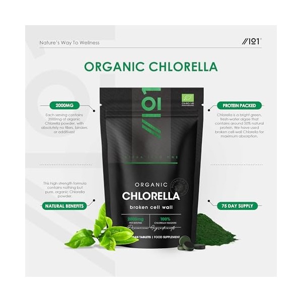 Chlorelle Bio 2000mg – 300 Comprimés Véganes – Paroi Cellulaire Cassée – Complément Pur Sans Additifs – Pochette Refermable e